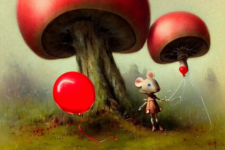 Image similar to adventurer ( ( ( ( ( 1 9 5 0 s retro future robot android mouse holding a red balloon. muted colors. spooky swamp mushrooms island, lillie pads ) ) ) ) ) by jean baptiste monge!!!!!!!!!!!!!!!!!!!!!!!!! chrome red