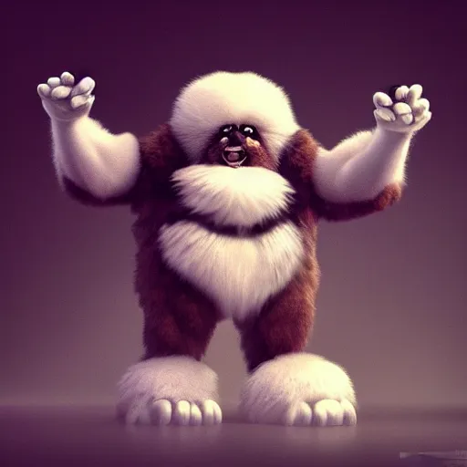 Prompt: fluffy anthropomorphic creature with four arms, white fur and dark skin, dramatic lighting, cinematic, artstation