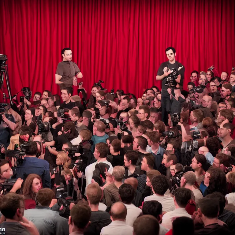 Image similar to focused dslr photograph of hundreds of nathan fielder from nathan for you on comedy central filmed by a tv crew on a stage with a red curtain, meta, fractal, trippy, high detail!!! 8 k, photorealism, sharp focus, volumetric lighting, coherent!!! art directed, rule of thirds, facial details, expressions, hd, professional