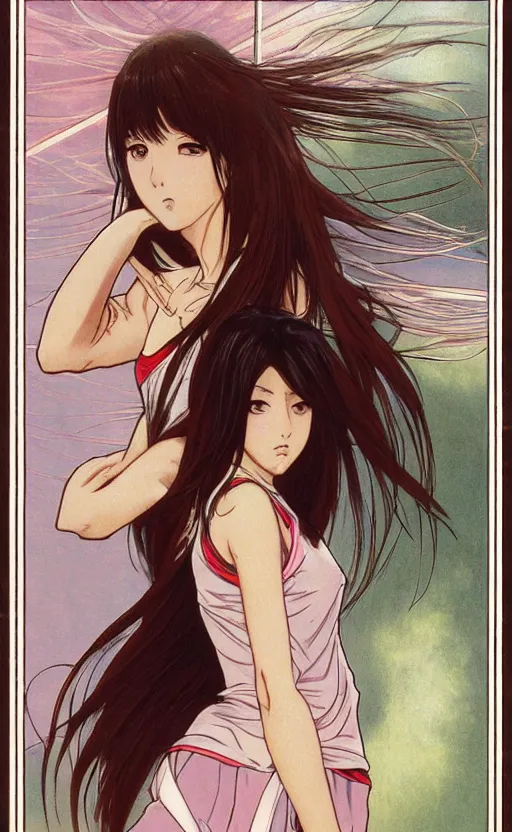 Prompt: badminton girl player, trading card front, anime style, long hair, hair down, symmetrical facial features, hanebado, hyper realistic, pale skin, 4 k, rule of thirds, extreme detail, detailed drawing, trending artstation, hd, sport, d & d, realistic lighting, by alphonse mucha, greg rutkowski, sharp focus, backlit