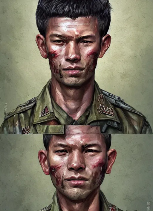Prompt: handmade character portrait of a vietnam war american soldier covered in amaratyllis, hydrangea, chrysanthemum and hyacinth, in the style of artgerm and enki bilal and bastien lecouffe - deharme, wlop, line art, watercolor, cinematic lighting, hyperdetailed, hyperrealistic