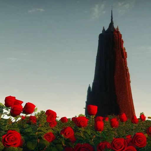 Image similar to photo of a dark tower in the center of a field of roses. golden hour. photorealism. 4 k trends on artstation. photo taken with canon mark 3