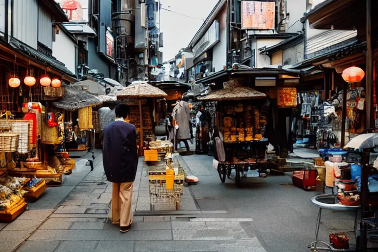 Image similar to cinematography of a Kyoto street vendor by Emmanuel Lubezki