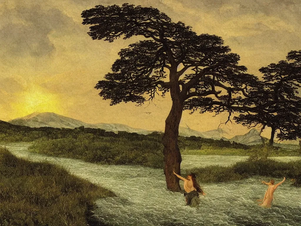 Prompt: Young woman swimming in a turbulent river at sunset. Acacia trees in the wind, blinding lightning strikes. Icy mountains afar. Painting by Lucas Cranach, Caspar David Friedrich