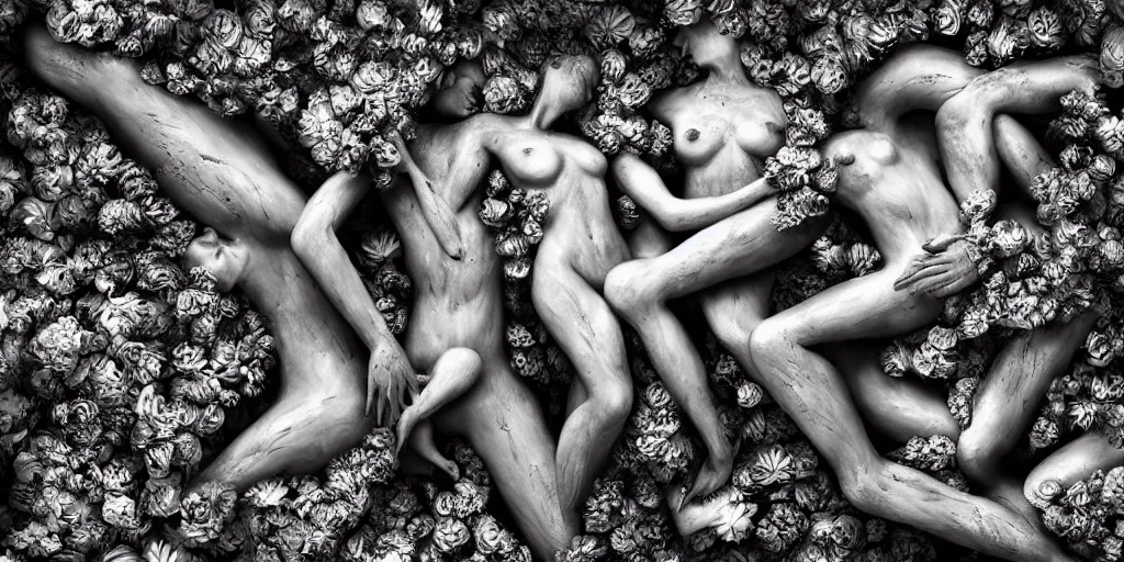 Image similar to surrealist sculpture human bodies intertwined, a lovely cornucopia of flowers and human body parts, body parts, paint pour, swirling paint colors, black and white photography, desaturated, highly detailed, octane render, cinematic