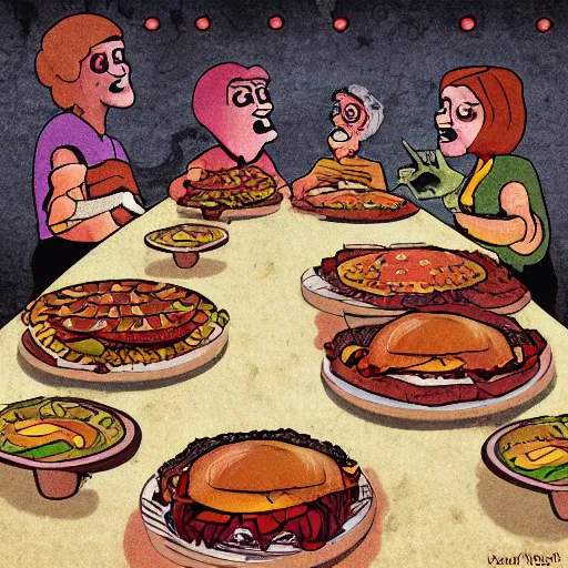 Image similar to aliens making first contact with humans and having a thanksgiving style feast with a table full of pizza, hamburgers, and fried chicken. digital art. faded colors. americana.