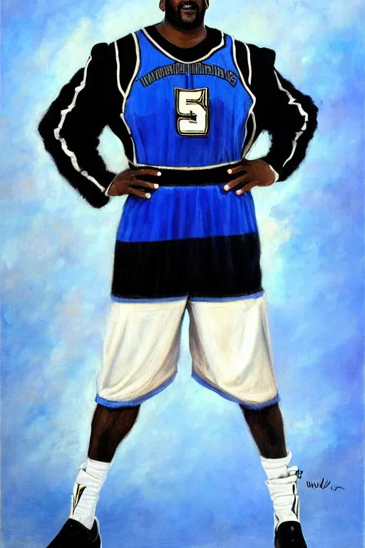 Image similar to full body portrait of shaquille o'neil as the dictator of the orlando magic, 1 8 8 9, in full military garb, magic blue, silver, and black,, oil on canvas by william sidney mount, trending on artstation