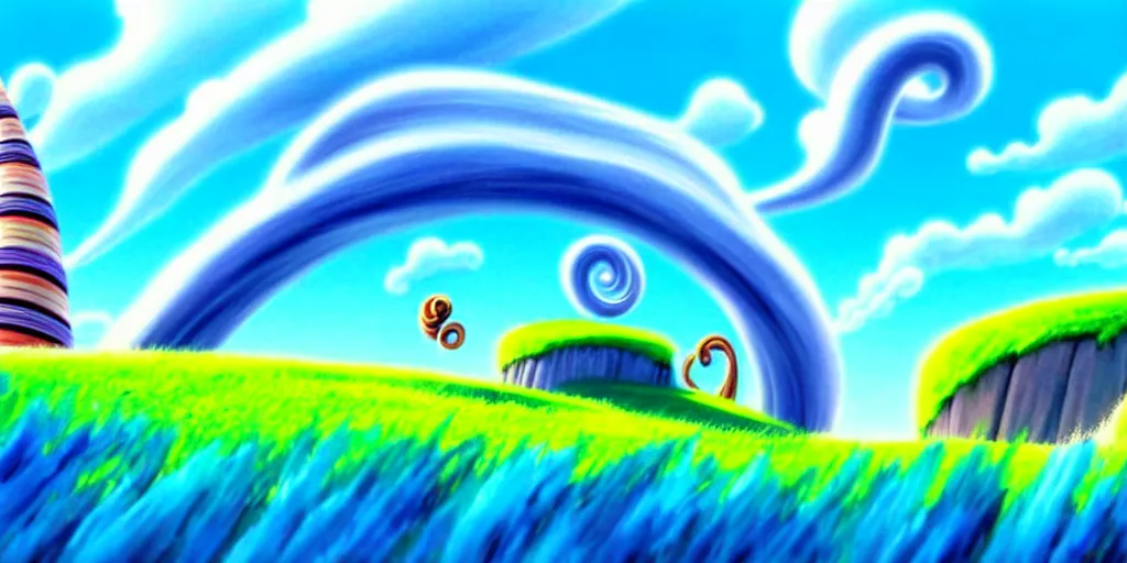 Image similar to cartoon concept art, clean blue sky, spiral clouds, from lorax movie