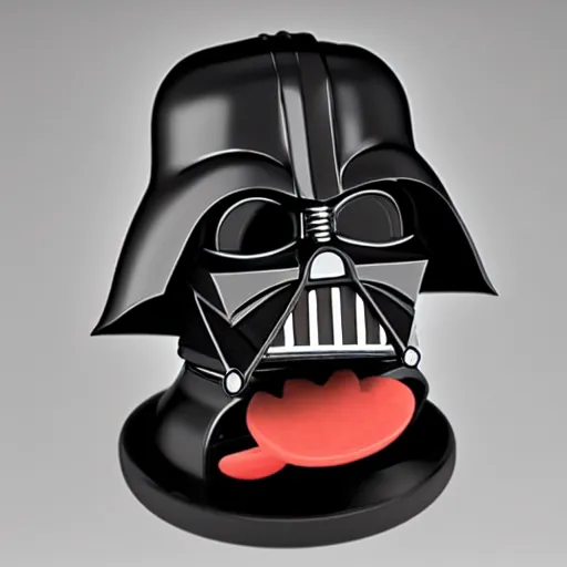 Prompt: a battery operated coin bank built from a FUNKO Darth Vader with his mouth open for a child to insert a penny, 3D, render