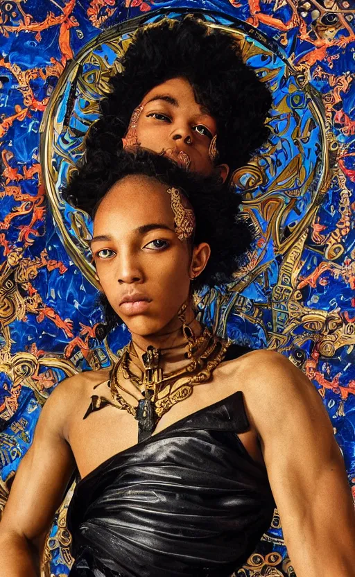 Image similar to beautifully painted mural of a stunning young black cyborg prince in ornate royal fabric, piercing glowing eyes, sci fi scenery, vogue cover poses, mural in the style of sandro botticelli, caravaggio, albrecth durer