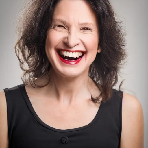 Image similar to professional headshot of an elegant female vampire in her 4 0 s smiling confidently at the camera, showing her long vampire fangs,. high resolution, nikon camera 8 k