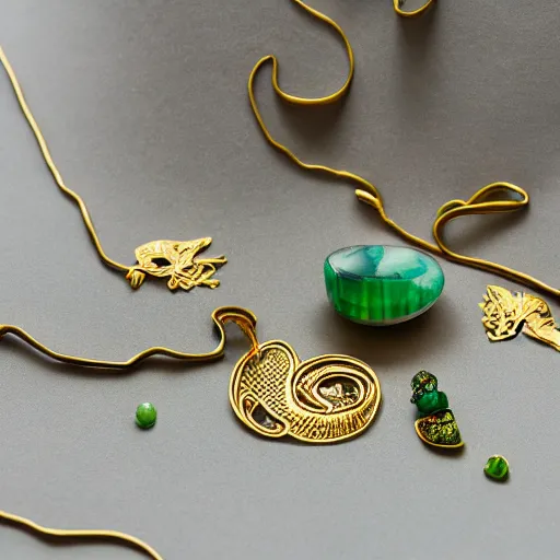 Prompt: jewellery with filigree faberge orchid betta whiplash forest liquid lightshow twisted organic natural forms designed by kilian eng and william morris, gold and jade, studio photography beautiful set up