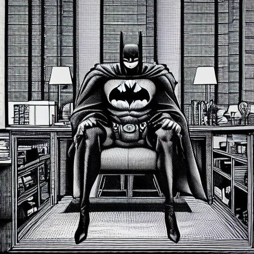 Prompt: a picture of batman sitting in a therapists office, 4 k, ultra detailed, luminist style, by m c escher