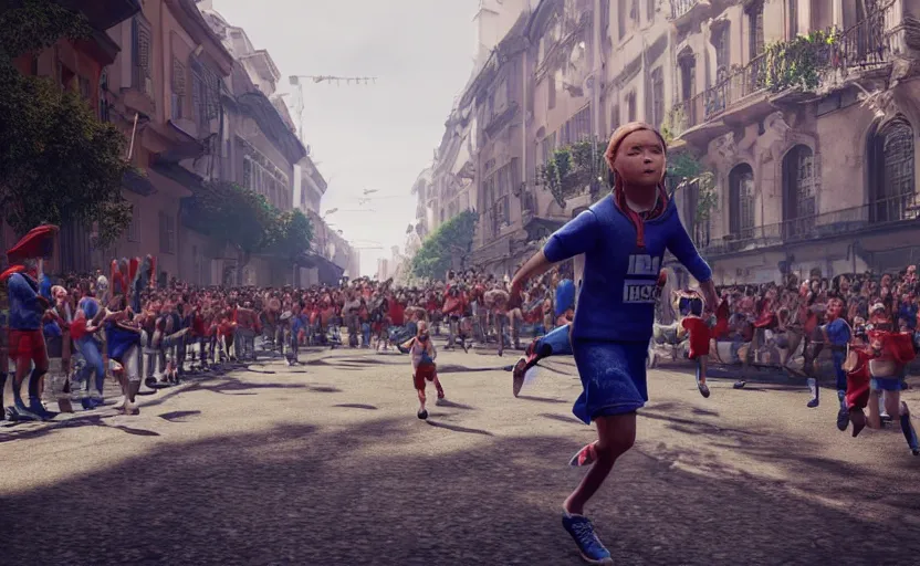 Prompt: greta thunberg running in san fermines, high details, cinematic, 8 k resolution, beautiful detailed, artstation trending, octane render, unreal engine