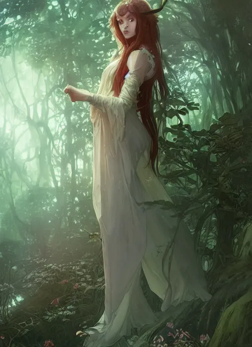 Image similar to a beautiful cute young demon princess in a forest, D&D, fantasy, intricate, cinematic lighting, highly detailed, digital painting, artstation, concept art, smooth, sharp focus, illustration, art by Terry Moore and Greg Rutkowski and Alphonse Mucha