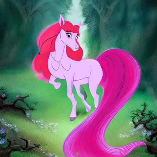 Image similar to beautiful female centaur in the style of Disney, Fantasia, flowing long hair, running through the forest, pink and white fur horse tail,