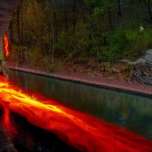 Image similar to a river runs here, a fiery river, from east to west, from west to north. over that river the fiery river drives the light. cinvat bridge of separation. light transports souls. award - winning, very trending, esoteric art, 2 k, 4 k, ue 5