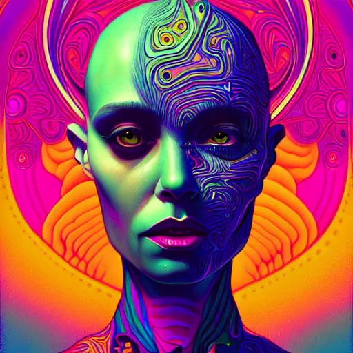 Image similar to An extremely psychedelic portrait, surreal, LSD, face, detailed, intricate, elegant, lithe, highly detailed, digital painting, artstation, concept art, smooth, sharp focus, illustration, art by Kilian Eng