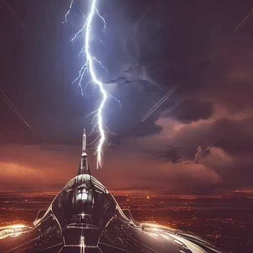 Prompt: a detailed intricate spaceship flying through a lightning storm, moody, cinematic, atmospheric