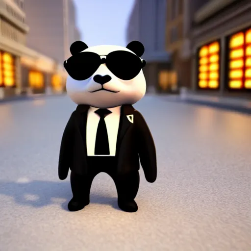 Prompt: a gangster panda, wearing a suit jacket, sunglasses and a gold chain around his neck, 3 d render, cinematic, octane, city at night, 3 2 k