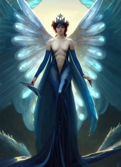 Image similar to a beautiful cinematic female archangel queen, fantasy sea landscape, fantasy magic, short aqua blue black fade hair, dark light night, intricate, elegant, sharp focus, illustration, highly detailed, digital painting, concept art, matte, art by WLOP and Artgerm and Greg Rutkowski and Alphonse Mucha, masterpiece