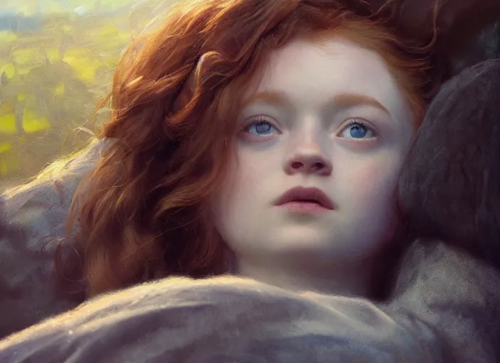 Image similar to sadie sink the real god, watching the earth. epic cinematic hyperrealism masterpiece. realistic poster with shaded lighting by craig mallismo, artgerm, jeremy lipkin and michael garmash, unreal engine, radiant light, detailed and complex environment, octane photoreal 3 d render, art station trends