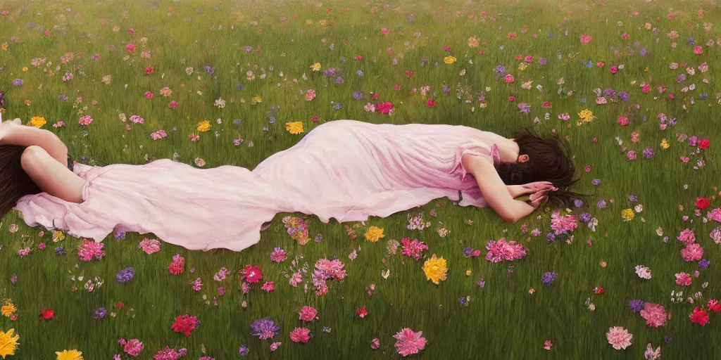 Prompt: a girl laying in a field of flowers reading a book, greg rutkowski, zabrocki, karlkka, jayison devadas, trending on artstation, 8 k, ultra wide angle, zenith view, pincushion lens effect