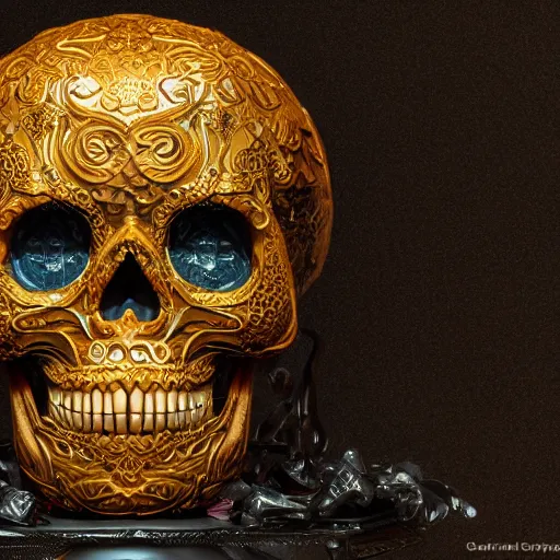 Image similar to a highly detailed photographic render of intricately carved golden sugar skull, intricate golden ornament, gilding, horror, dark fantasy, beautifully lit, ray traced, octane 3D render in the style of Gerald Brom and James Gurney