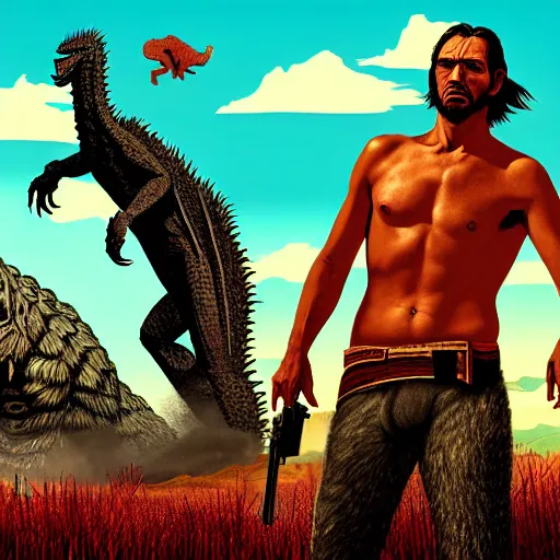 Prompt: adam and eve bigger than godzilla, red dead redemption illustration style, smooth painting, each individual seeds have ultra high detailed, 4 k, illustration, torn cosmo magazine style, pop art style, ultra realistic, underrated, by mike swiderek, jorge lacera, ben lo, tyler west
