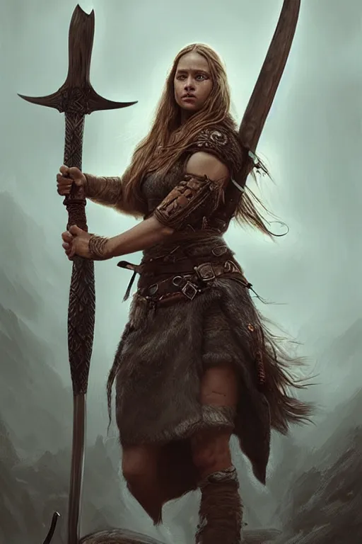 Prompt: gorgeous!! hyper - realistic woman resembling alicia vikander as a battle - worn viking warrior wielding a giant axe | intricate, highly detailed, digital painting, character design, character concept art | drawn by wlop, drawn by jeehyung lee, drawn by artgerm, drawn by peter kemp