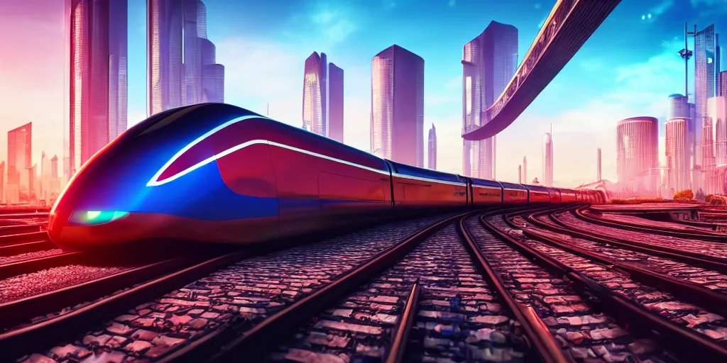 Prompt: a cyberpunk maglev train riding though futuristic station, futuristic cityscape in background, golden hour sunset, gorgeous lighting and metallic reflection, maroon and blue accents, 8k, large scale, high detail, side profile