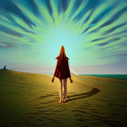 Image similar to closeup giant dahlia flower standing head, girl walking between dunes, surreal photography, sunrise, blue sky, dramatic light, impressionist painting, digital painting, artstation, simon stalenhag