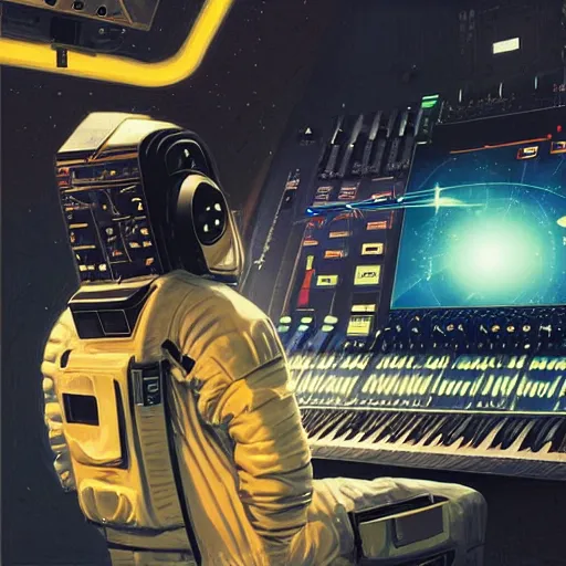 Image similar to an astronaut in a recording studio, looking at a glowing computer screen, using roland tr - 8 0 8 with his left hand and a roland tb - 3 0 3 with his right hand, there is not gravity in the recording studio and everything is floating, illustrated by greg rutkowski, [ digital art, synthwave art style ]!!