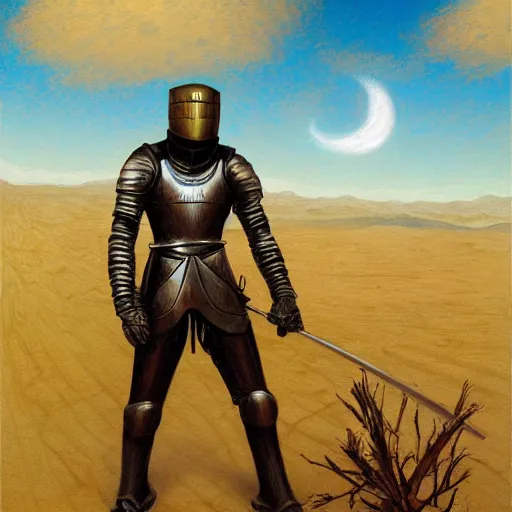 Image similar to male knight in the middle of a desert, gerald brom