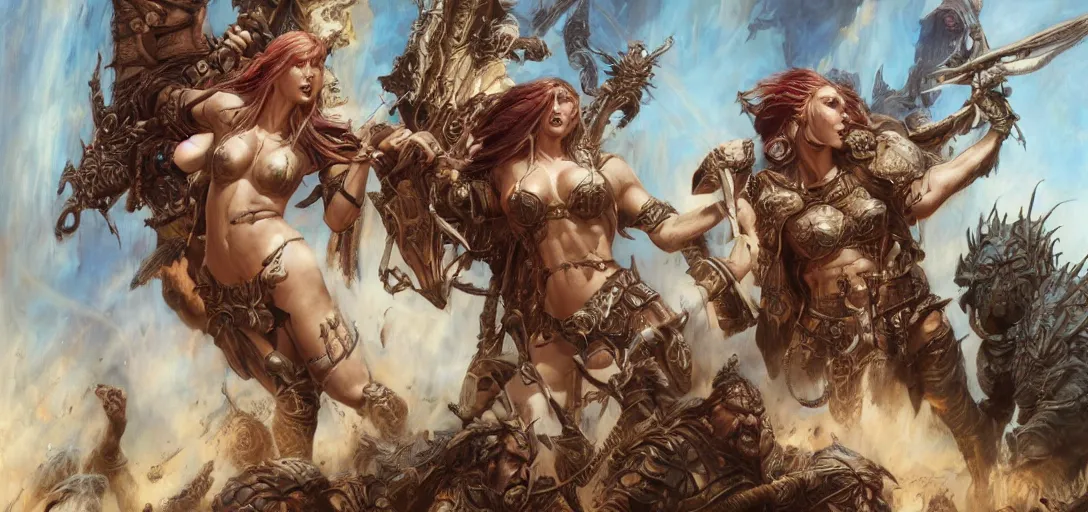 Prompt: art by donato giancola and bayard wu and gustav moreau and wayne barlowe and frank frazetta and boris vallejo, a fantasy cinematic shot of a sexy beautiful barbarian woman played by taylor swift, fighting, warhammer, dnd, fighting monsters, octane render, movie still, 8 k hdr 8 0 mm