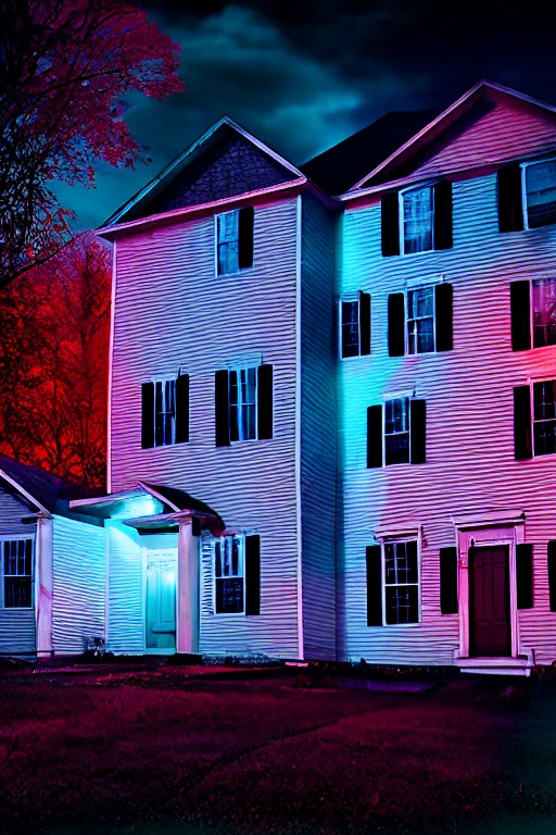 Prompt: scary october neighborhood, a sense of fright : : time - lapse : : hyperspectral imaging : : wide angle : : brenizer method : : dichromatism : : technicolor : : kinemacolor : : underdimensional : : beyond - dimensional : : 3 2 k : : dci - p 3 : : rim lights : : moody lighting