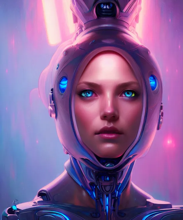 Image similar to Beautiful female android portrait, sci-fi, glowing blue eyes, face, blue and pink exoskeleton, fantasy, intricate, elegant, highly detailed, digital painting, artstation, concept art, smooth, sharp focus, illustration, art by artgerm and greg rutkowski and alphonse mucha