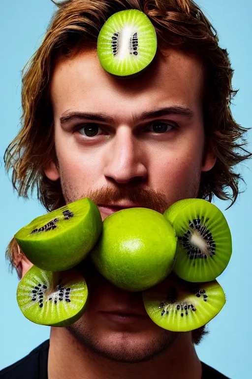 Image similar to 📷 joe keery the kiwi fruit 🥝, made of food, head portrait, dynamic lighting, 4 k