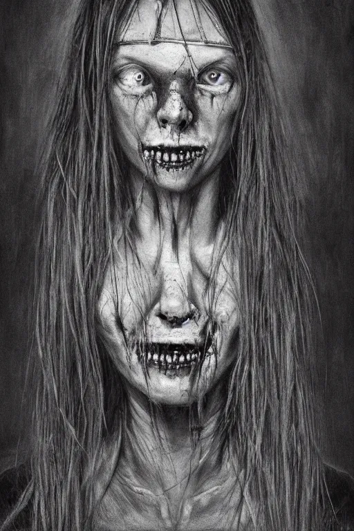 Image similar to charcoal cartoon grunge portrait of a creepy horror nurse girl . intricate abstract. intricate artwork. nightmare fuel. terrifying. by zdzisław Beksiński, wlop, dan mumford , trending on artstation, greg rutkowski very coherent symmetrical artwork. cinematic, hyper realism, high detail, octane render, 8k