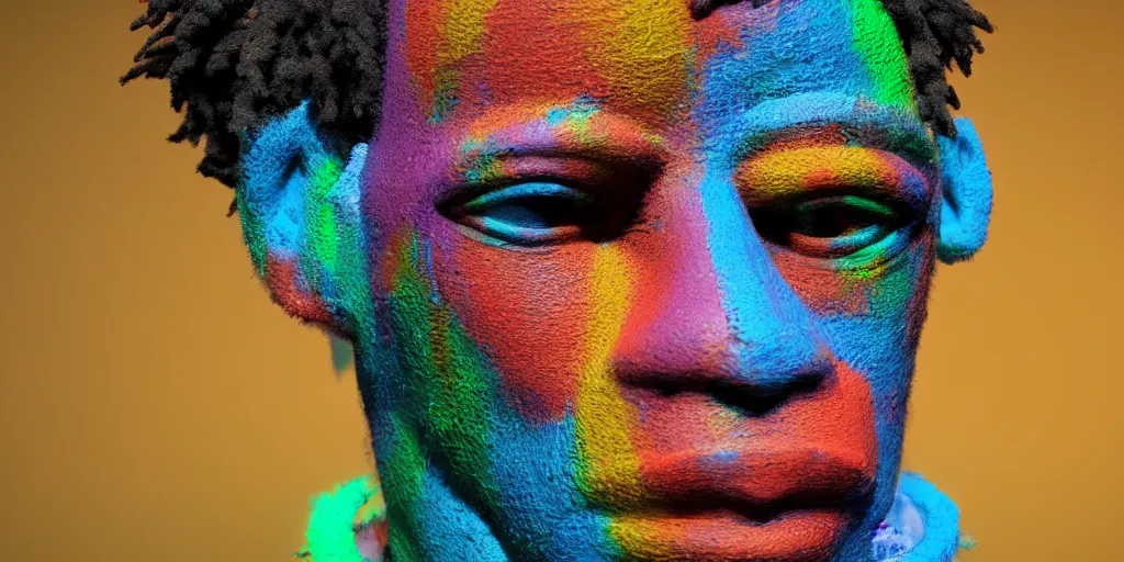 Prompt: a perfect bust of Jean-Michel Basquiat made out of rainbow ethereal pipe cleaners, 3D cinematic lighting, 90 degree spotlighting, photorealism, octane render, depth of field, 8k, 35mm, artgem, Trending on artstation