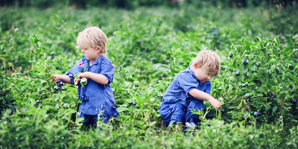 Prompt: a small child picking blueberries in a field on a bright and sunny morning