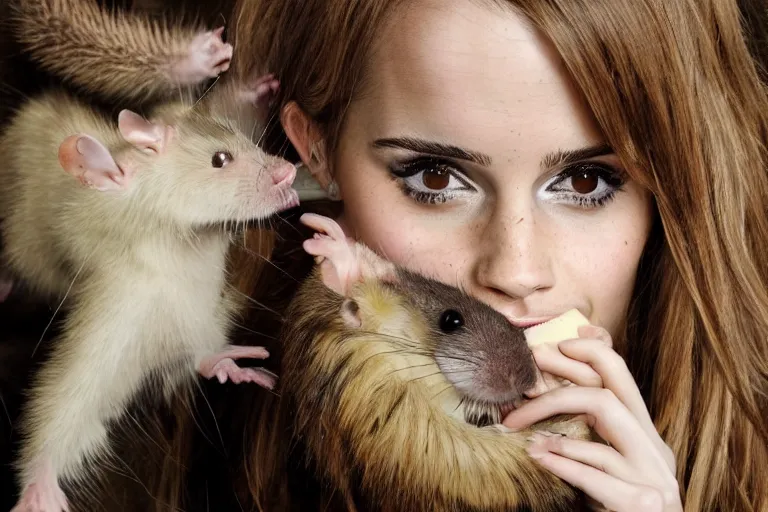 Image similar to photo, emma watson as anthropomorphic furry - rat inside animal body, huge rats around, eating cheese, highly detailed, intricate details