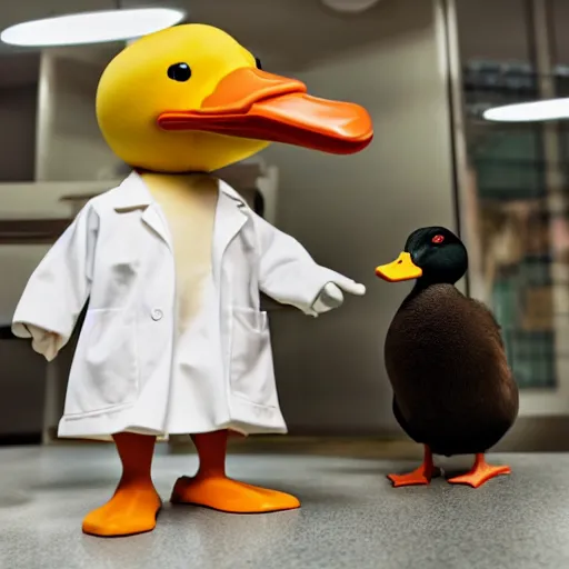 Image similar to a duck wearing a labcoat, a lab in the background