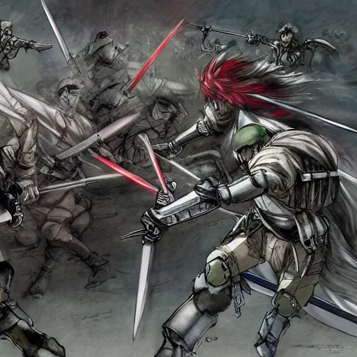 Image similar to one hero with sword vs army of swordsmen in the background, in the middle of an arena, crowd of people, pencil art, straight, clear, added detail, high definiton, colored, backfacing, by yoji shinkawa