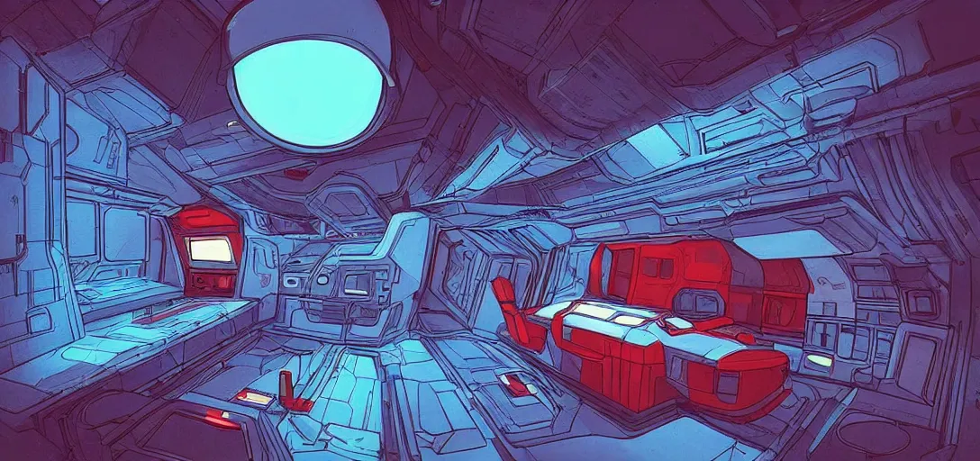 Prompt: “A capsule-shaped spaceship inside a dark room, on each side of the wall there are empty capsules, the capsules glow with a blue and red light, the room is very long and reaches to the horizon.**,** in the graphic style of Patrick Gleason, detailed art, artstation, comic art ”