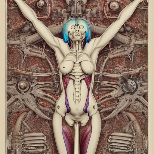 Image similar to ghost in the shell, highly detailed labeled medical anatomy poster, anatomical drawing on poster paper with notes, extra beautiful colorful full page antique lithograph of artnouveau borders and designs, muted colors, parchment paper, art print, well - lit, ray tracing, horror, eldritch abomination, hyper realistic, 8 k post - processing