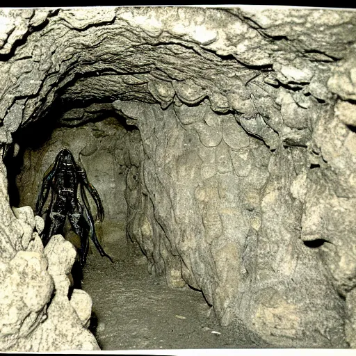 Image similar to photo inside a cavern of a humanoid with lizard skin and a mouth with sharp tooth and black eyes, partially hidden in the shadows