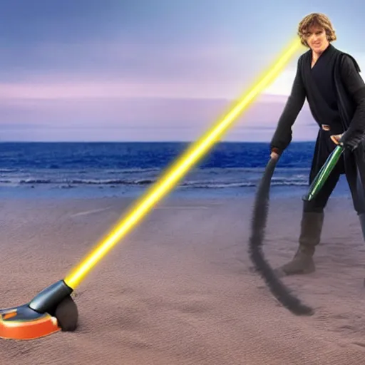 Image similar to anakin skywalker vacuuming the beach for sand, 4k, photorealistic,