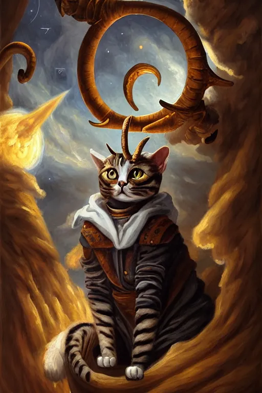 Prompt: classic oil painting, anthropomorphic cat that has goat horns, as a dnd character, in a cluttered astronomical observatory, satanic, cottagecore, highly detailed, digital illustration, concept art, smooth, sharp focus, art by velazquez
