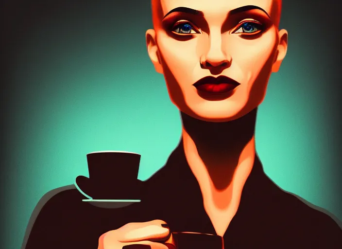 Image similar to portrait of a heroine drinking coffee,vivid, Mads Berg, Karolis Strautniekas, dramatic lighting,film grain, editorial illustration, detailed, gradation, dynamic composition,moody, cinematic,extreme perspective,bright colors, art deco illustration